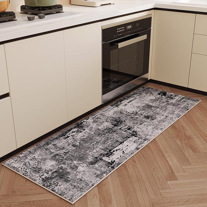 Runner Rug 2'6''x8' Hallway Washable Boho Soft Area Rug Abstract Pattern Non-Slip Faux Wool Vintage for Kitchen, Entryway, Laundry, Bedroom, Grey and Black