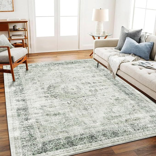 Area Rug 5'x7' Washable Rug Floral Green Vintage Traditional Floor Cover Thin Retro Kitchen Indoor Distressed Non Slip Carpet for Living Room Bedroom Dining Room
