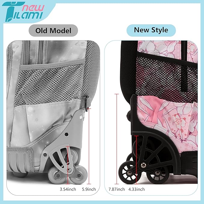 NEW TILAMI Girls & Boys Rolling Backpack - Moisture-Wicking, Adjustable Handle, Large Capacity, Perfect for School & Travel, Pink Flowers