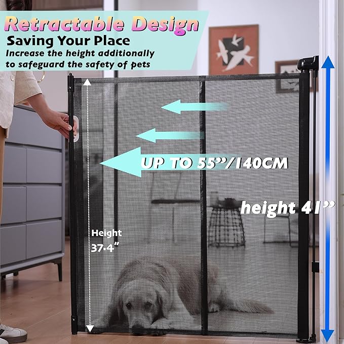 Retractable Baby Gates for Stairs, 55" Wide Baby Gate Dog Gate, 41" Tall Retractable Pet Gate for Doorways, Child Safety Gates Mesh Gate with Fiberglass Rods for Stairways, Hallways, Indoor/Outdoor