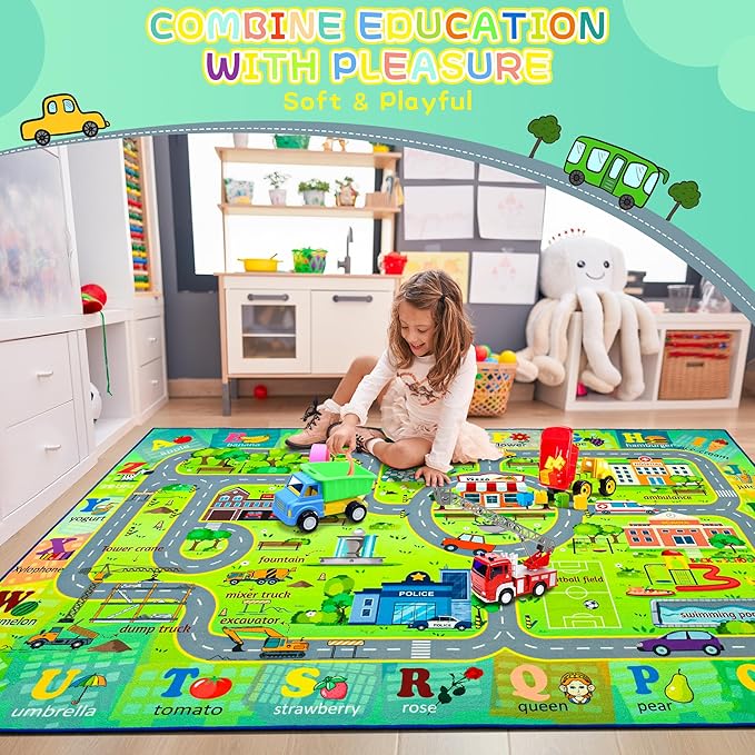 Chicrug 6x9 Car Road Area Rug for Kids Playroom Bedroom, Non Slip Low Pile Washable ABC Alphabet Carpet for Classroom, City Track Play Mat for Toddler Children Nursery Baby Room Decor, Green