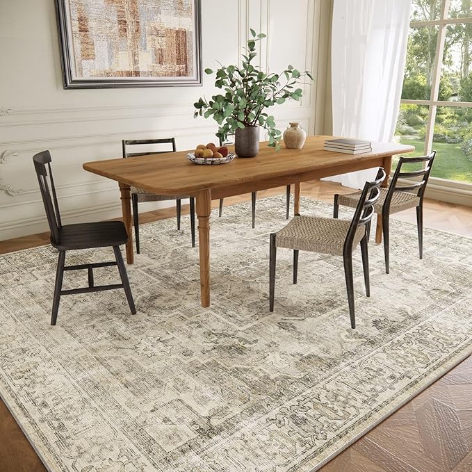 Washable Area Rugs for Living Room: 9x12 Bedroom Area Rugs Boho Vintage Rugs Stain Resistant Non Slip Low Pile Soft Lightweight Carpet for Kitchen Dining Room Farmhouse Nursery Kids Room Home Office