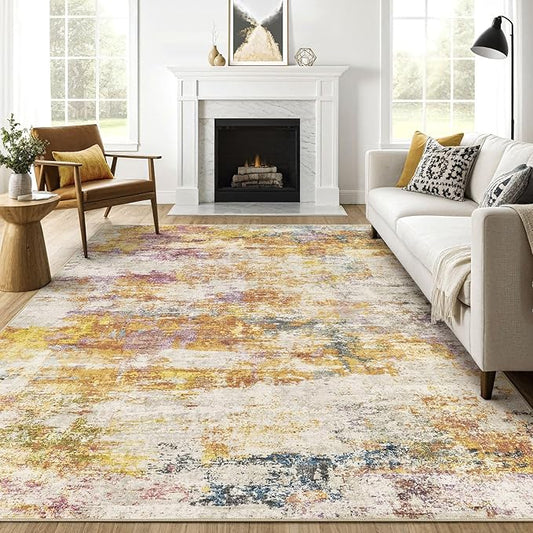 8X10 Area Rugs Living Room: Washable Large Abstract Modern Soft Stain Resistant Indoor Floor Rugs Non Slip Accent Carpet for Bedroom Nursery Playroom Office Dining Room Dorm Home House- Gold Colorful