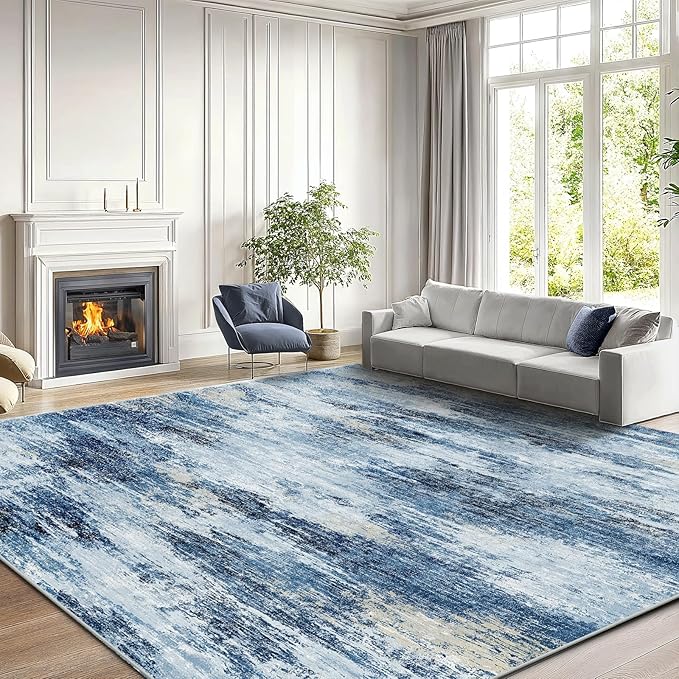 Amada 9x12 Large Area Rug, Modern Abstract Living Room Rug with Non-Slip Backing & Short Pile, Washable Rug with Abstract Pattern for Living Room, Bedroom and Dinning Room, Blue