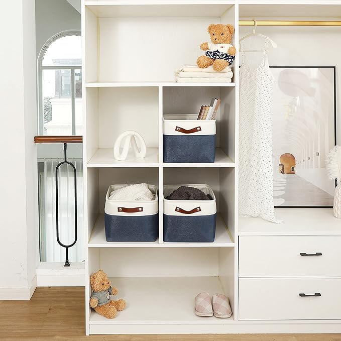 OrganiHaus Large Fabric Storage Bins for Shelves 3 Pack, 15x11in Closet Storage Bins for Shelves, Cloth Baskets & Closet Organizers, Fabric Basket, Navy Blue/White