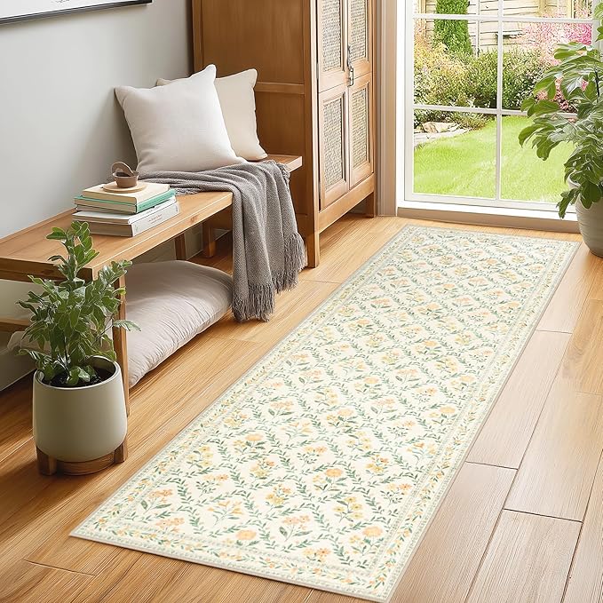 Runner Rug for Entryway: 2x6 Kitchen Rugs Non Slip Washable Ultra-Thin Soft Floral Carpet Indoor Floor Stain Resistant Carpets for Hallway Bedroom Kitchen Laundry Bathroom Dorm Beige/Multi