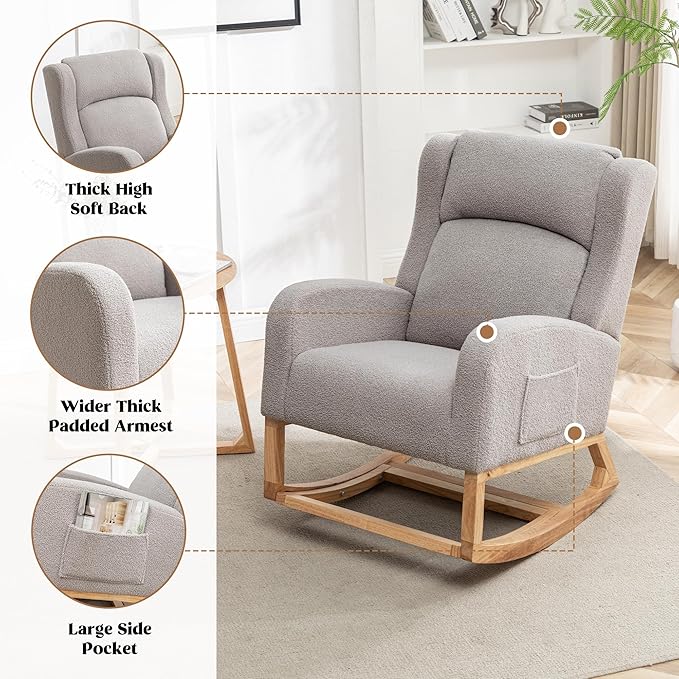 Rocking Chair Nursery, Nursing Rocking Chairs for Mom Nursery, Comfy Wingback Glider Rocking Armchair with Foot Rest and Side Pocket for Nursery Living Room Bedroom, Teddy Grey