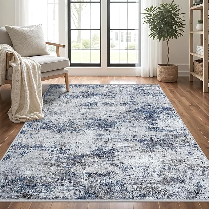Washable Rug 6x9 Area Rugs: Abstract Washable Rugs with Non-Slip Backing, Stain Resistant Indoor Floor Carpet for Bedroom Dining Room Table Nursery Hallway Home Office Blue/Gray/Black