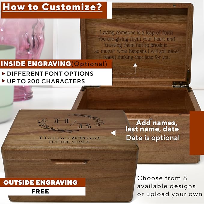 Customized Wedding Memory Box Small - Acacia Wood Engagement Gift Boxes for Couples, Keepsake Box Wedding Personalized, Custom Gift for 5 Year Marriage Anniversary Time Capsule, 8x6x4 in