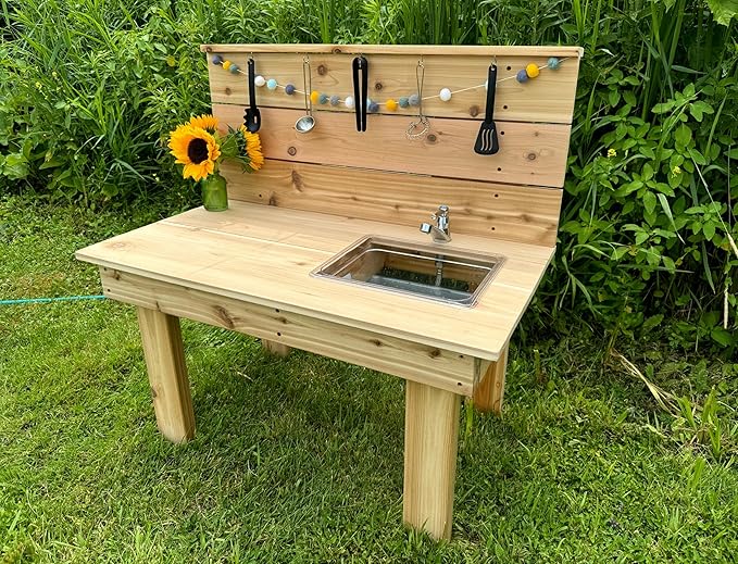 Noble Toys Mini Mud Kitchen with Functional Sink for Kids | Pretend Play Toddler Table with Running Water | Outdoor Playset Working Sink | Real Wooden Kitchens | Preschool Equipment