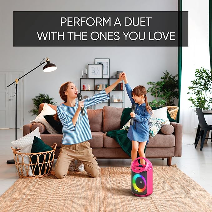 MASINGO Karaoke Machine for Kids and Adults with 2 Wireless Bluetooth Microphones, PA Portable Speaker with Colorful LED Lights, Supports TF Card/USB, AUX/MIC in, TWS for Home Party, Burletta C10 V2