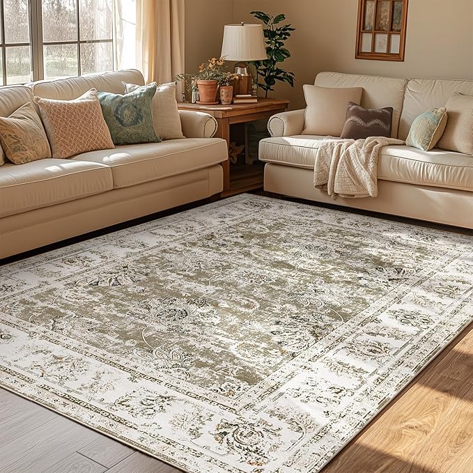 jinchan Vintage Floral 5x7 Area Rugs for Bedroom - Machine Washable Distressed Design Stain Resistant Boho Carpet Ultra-Thin Low Pile Non-Slip Rug for Living Room Dining Room Kitchen (5‘x7',Taupe)