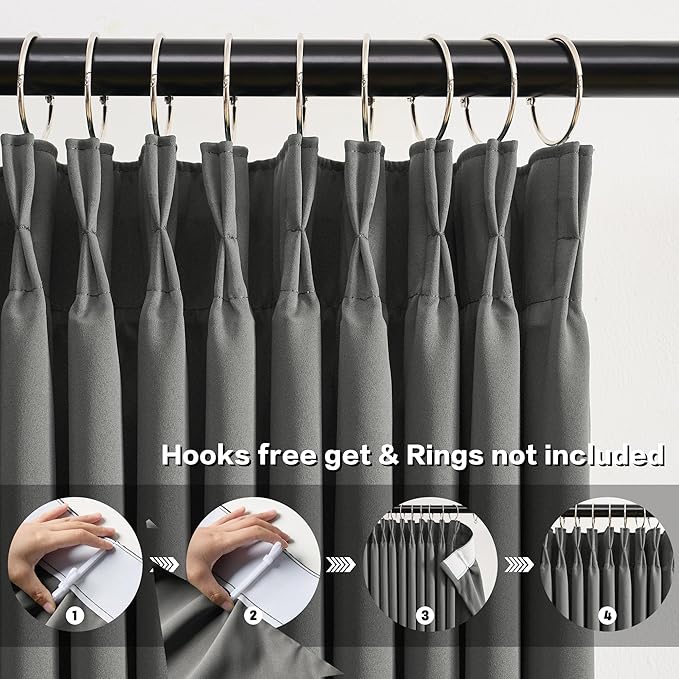 Grey Blackout Curtains 95 Inches Long 2 Panels Set, 60 Inch Wide Pinch Pleated Curtain with Hooks,Thermal Insulated Room Darkening Vertical Window Treatments for Living Room Bedroom 60 x 95