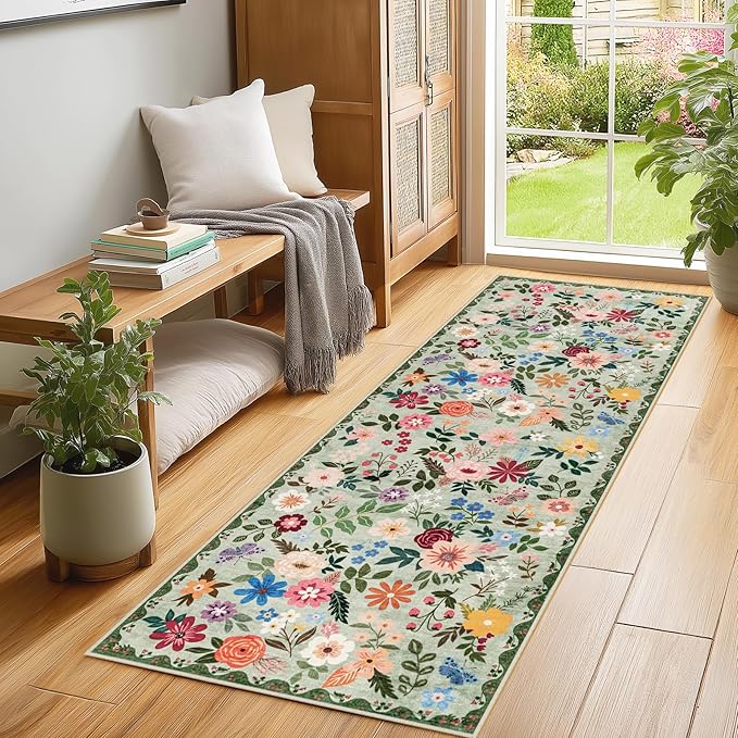 Runner Rug for Entryway: 2x6 Kitchen Rugs Non Slip Washable Ultra-Thin Soft Floral Carpet Indoor Floor Stain Resistant Carpets for Hallway Bedroom Kitchen Laundry Bathroom Dorm Green