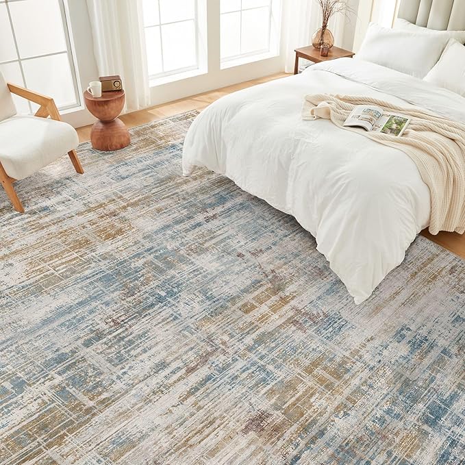 Area Rug for Living Room: 9x12 Washable Neutral Abstract Modern Soft Rugs Non Slip Indoor Floor Stain Resistant Large Carpet for Bedroom Dining Room Office Nursery - Blue Brown