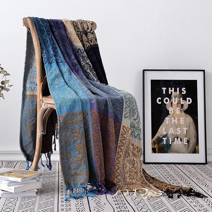 Boho Throw Blanket, Chenille Jacquard Tassels Throw Blankets - Image 3