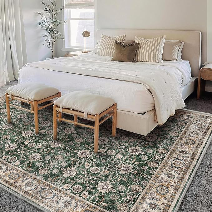 Washable Area Rug 9'x12' Retro Boho Design Non-Shedding Easy Care Ideal for High Traffic Areas in Living Room Bedroom Office Coffee Table Kitchen Large Carpet