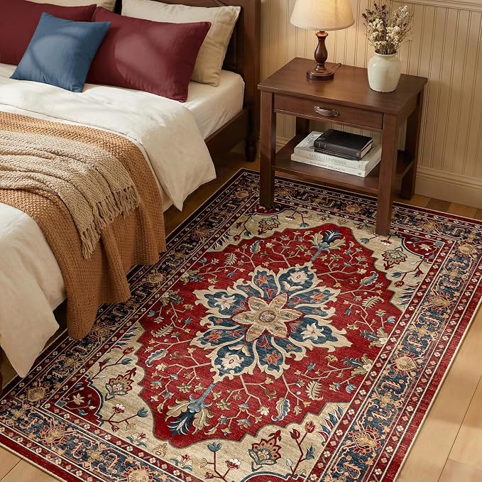 RELEANY Area Rugs 3'x5' Washable Non-Slip, Floral Vintage Distress Print by RELEANY