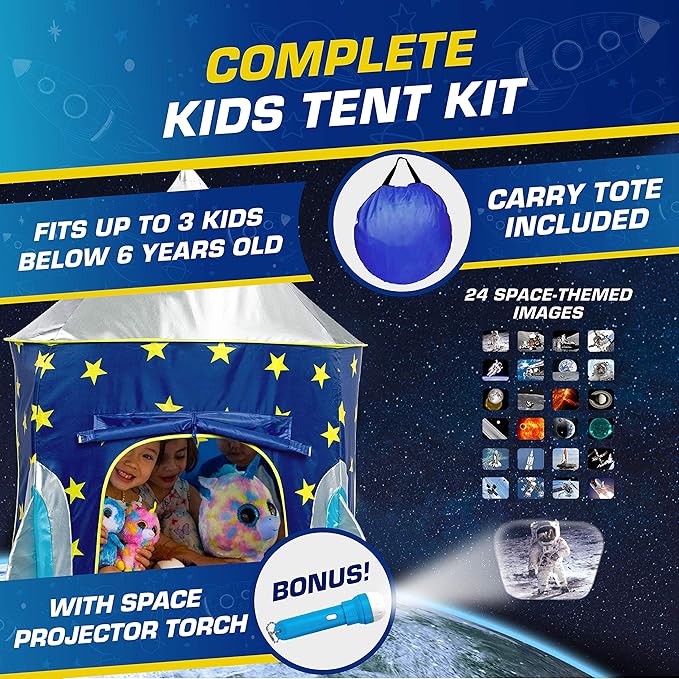 USA Toyz Rocket Ship Pop Up Kids Tent - Spaceship Rocket Indoor Playhouse Tents for Boys and Girls with Included Space Projector Toy and Storage Carry Bag