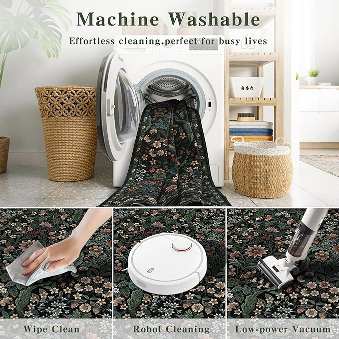 5×7 Black Washable Floral Area Rug,Vintage Boho Soft Low-Pile Living Room Rugs, Stain Resistant Botanical Non-Slip Carpet for Bedroom,Dining Room, Kids Nursery,Home Decor