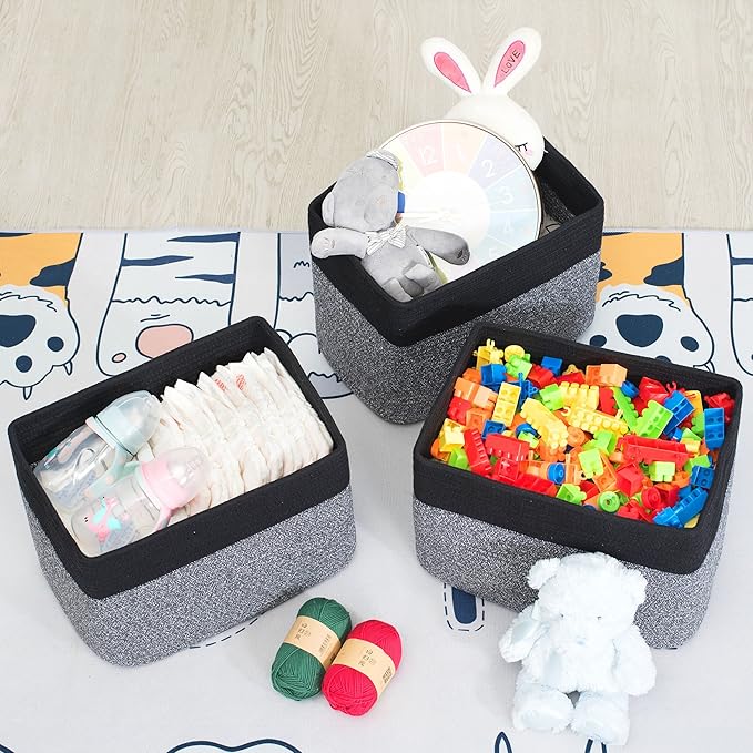 MINTWOOD Design 3-Pack Storage Baskets for Shelves, Playroom and Classroom Storage Basket, Book Basket, Decorative Storage Cube Bins, Woven Closet Organizers, Pantry and Shoe Organizer, Black Grey Mix