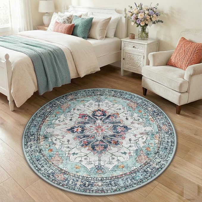RELEANY Area Rugs Round 4ft Washable Non-Slip, Floral Vintage Distress Print - Image 3