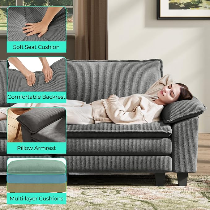 LINSY HOME 123" Modular L-Shaped Sectional Sofa, 3-Seat Corduroy Modern Cloud - Image 4
