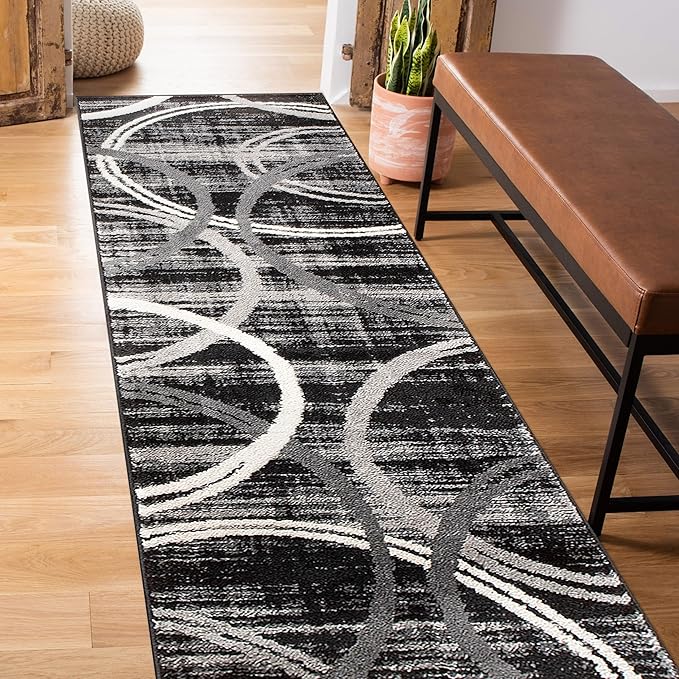 Rugshop Modern Wavy Circles Design Runner Rug 2' x 10' Black