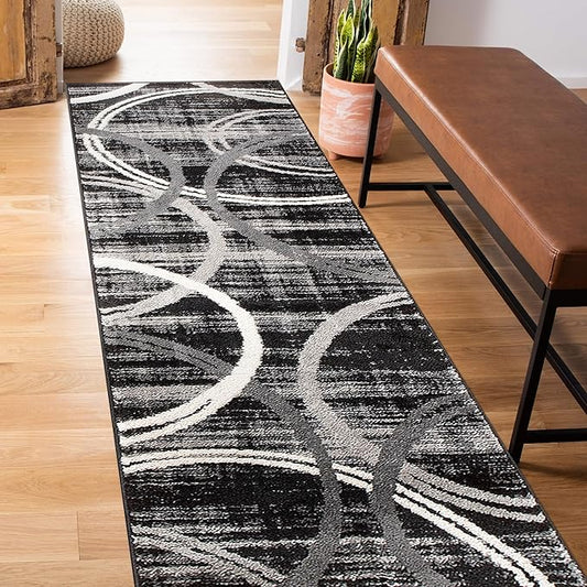 Rugshop Modern Wavy Circles Design Runner Rug 2' x 10' Black