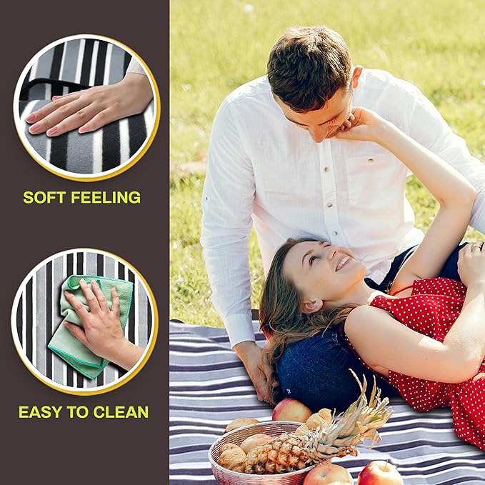 PortableAnd Extra Large Picnic & Outdoor Blanket 3 Layers for Water-Resistant Handy Mat Tote Spring Summer Black and White Striped Great for The Beach,Camping on Grass Waterproof Sandproof