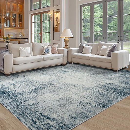 Area Rugs 8x10 Living Room Rugs: Modern Abstract Washable Rug with with Non-Slip Backing, Stain Resistant Indoor Floor Large Carpet for Bedroom Dining Room Table Nursery Hallway Home Office-Blue/Ivory