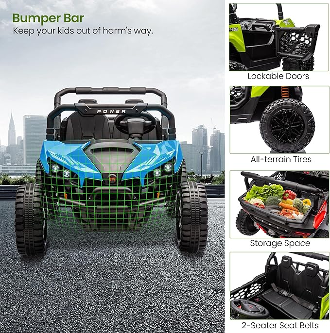 24V 2 Seater Ride On Car Truck, Power Wheels Kids UTV w/Parent Remote Control, 3.1 MPH Max Speed, Music Player, LED Lights & Storage, Electric Vehicle Ride On Toy for Kids Toddler Ages 3-8, Blue