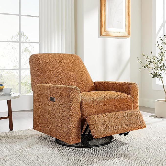 Power Swivel Glider Recliner Chair, Electric Nursery Rocker Recliner Chair, USB & Type-C Charger, Boucle Curry