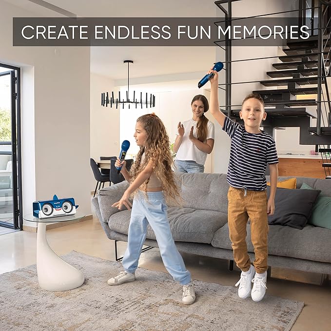 MASINGO Shark Karaoke Machine for Kids, Children and Toddlers with 2 Wireless Bluetooth Microphones, Portable PA Speaker Includes Lyrics Display Phone Holder, TV Cable and Singer Vocal Removal Mode