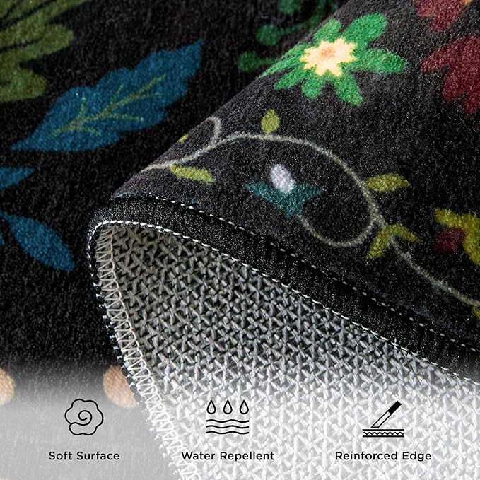 Rug Runners 2x6, Floral Washable Kitchen Rugs for Hallways Area Rugs, Non Slip Long Rug Low Pile Entrance Doormat, Flower Carpet for Kitchen, Entryway Indoor, Bedroom, Bathroom, Laundry, Black