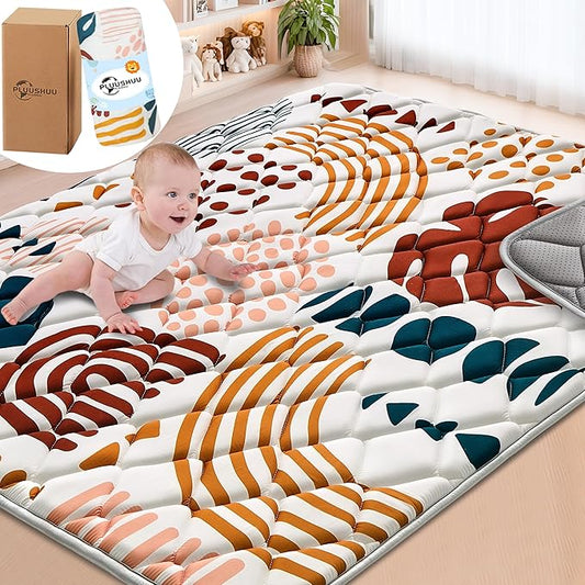 Baby Play Mats for Floor, 71x59 Playpen Mat for Babies, Extra Thicker & Soft Floor Crawling Mat, Foldable Non-Slip Playmat Cushioned for Infants Toddlers, Boho Leaf Design