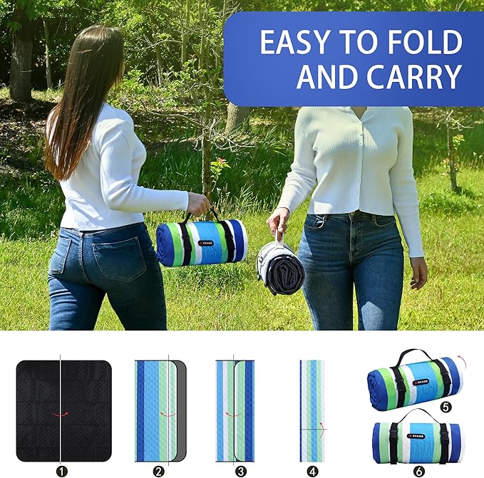 HX&OD Outdoor Picnic Blanket Extra Large, 80''*60'' Waterproof Picnic Mat with Stakes Foldable Camping Blanket Portable with Carry Strap for Beach Mat (Green& White, 80''*60'')