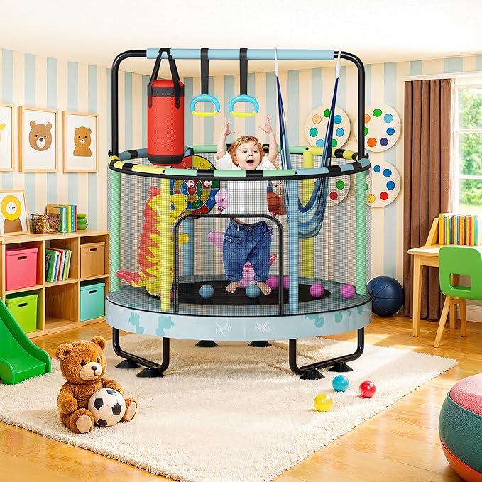 LAMERGE 55" 7-in-1 Round Trampoline for Kids Boys & Girls Ages 1-8, Indoor & Outdoor Trampoline for Fun, Adjustable Height Handrail ＆ Enclosed Safety Net ＆ Durable Designs for Toddlers Children