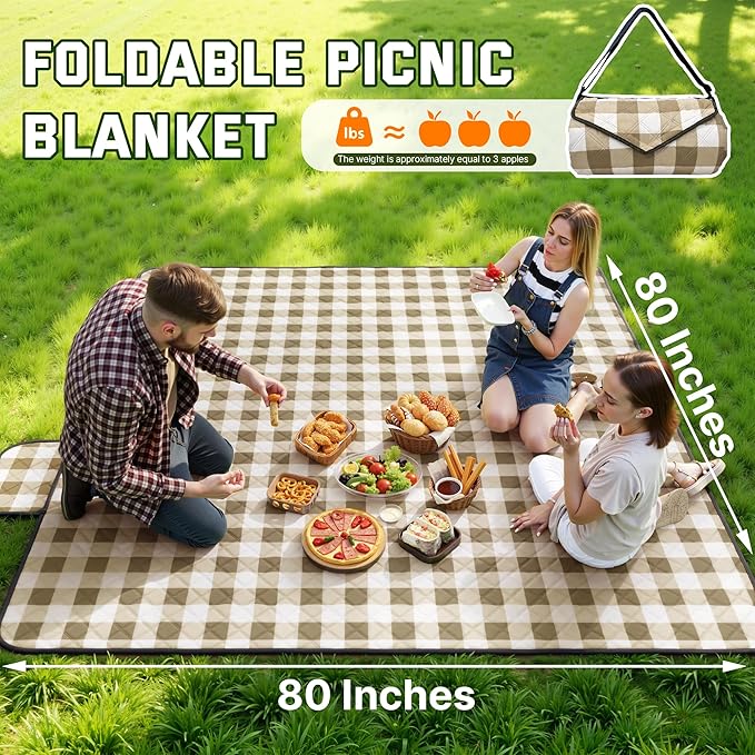 TigeJoy Extra Large Picnic Blanket Waterproof Foldable 80''x80'', Outdoor Picnic Mat Beach Blanket Sandproof for Park, Grass, Travel, Hiking, Camping Essentials, Gingham Picnic Blanket