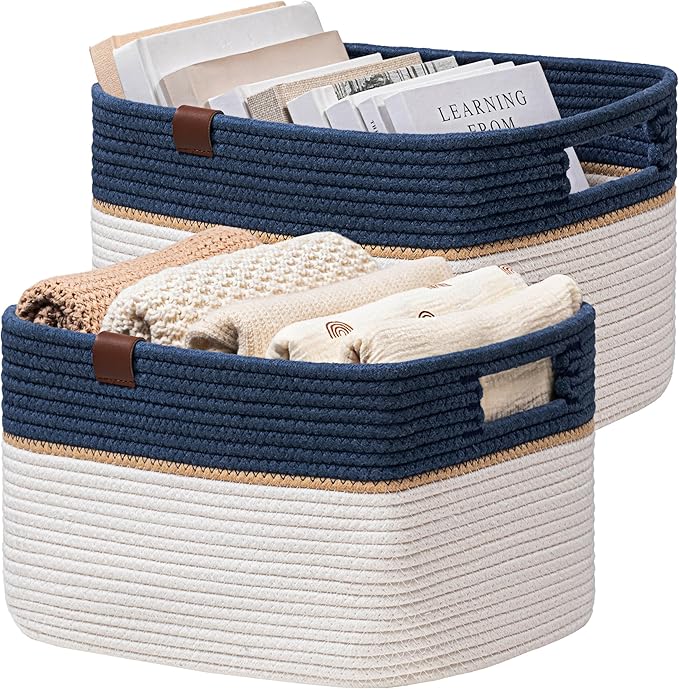 UBBCARE 2 Pack Baskets for Organizing, Woven Storage Baskets with Label for Toys and Towel, Rectangle Cotton Rope Basket with Handles, 15''L x10''W x9''H, Navy Blue&White