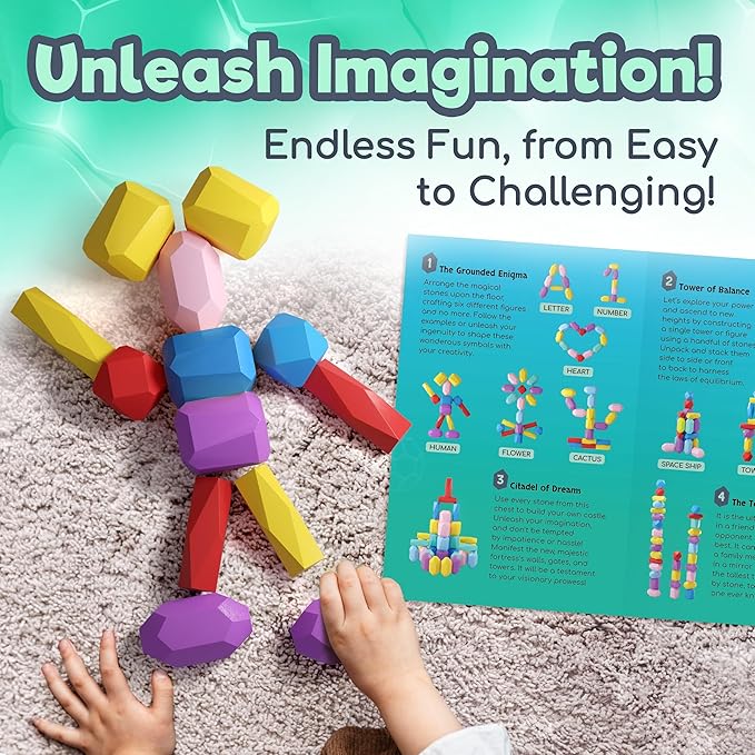 Wooden Stacking Blocks – Montessori Toys for 1 2 3 4 5 6 Year Old Toddlers and Kids, No Choking Hazard – Building Rocks Stones Games, for Girls and Boys