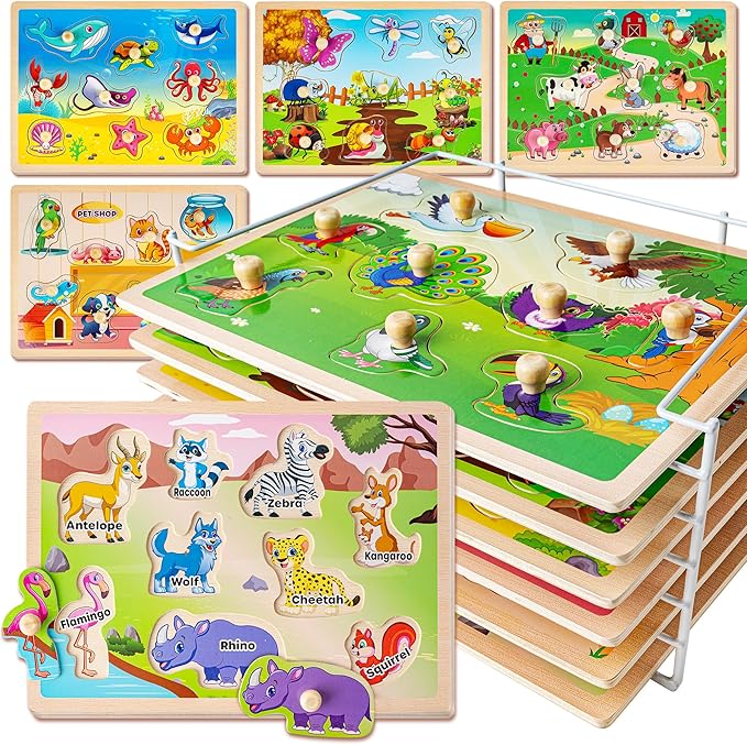 SYNARRY Wooden Puzzles for Toddlers 1-3, 6XSET Animals Puzzles for Toddlers 2-4 with Rack, Toddler Puzzles Ages 2-4, Kids Learning Educational Montessori Toys for 2 3 Year Old, Gifts for Boys Girls