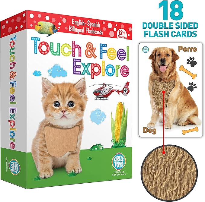 My Touch and Feel English Spanish Bilingual Picture Double Sided Sensory Flash Cards for Infant, Toddlers, Kids, Learn Animals, Fruits, Objects and Vehicles, Fun Learning and Educational Flashcards