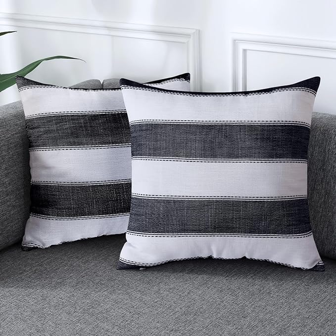 AmHoo Pack of 2 Farmhouse Stripe Check Throw Pillow Covers Set Case Cotton by AmHootextile