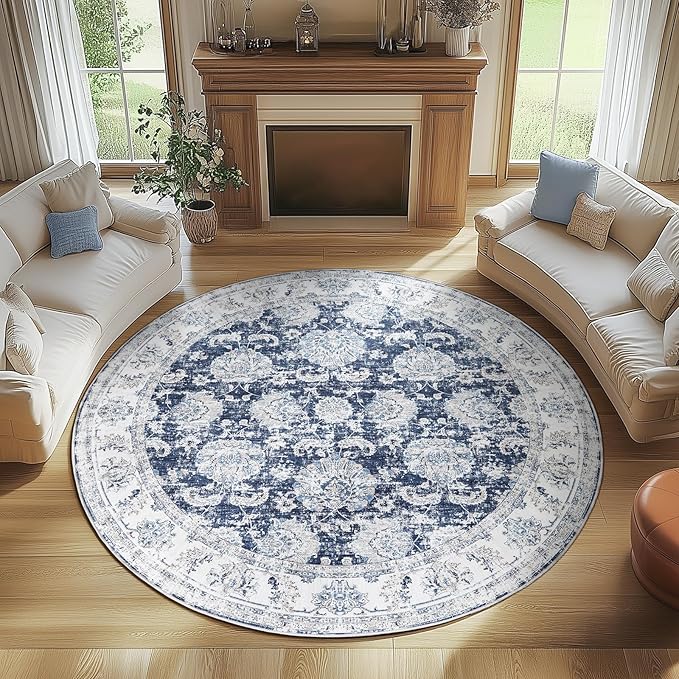 jinchan Round Rug 7ft Area Rugs Vintage Floral Distressed Design Machine Washable Non-Slip Low-Pile Ultra-Thin Circle Rug for Living Room Dining Room Bedroom Home Office Farmhouse (7' Round,Dark Blue)