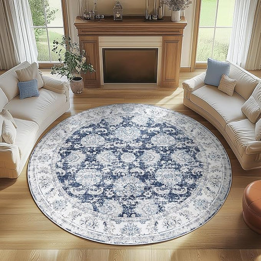 jinchan Round Rug 7ft Area Rugs Vintage Floral Distressed Design Machine Washable Non-Slip Low-Pile Ultra-Thin Circle Rug for Living Room Dining Room Bedroom Home Office Farmhouse (7' Round,Dark Blue)