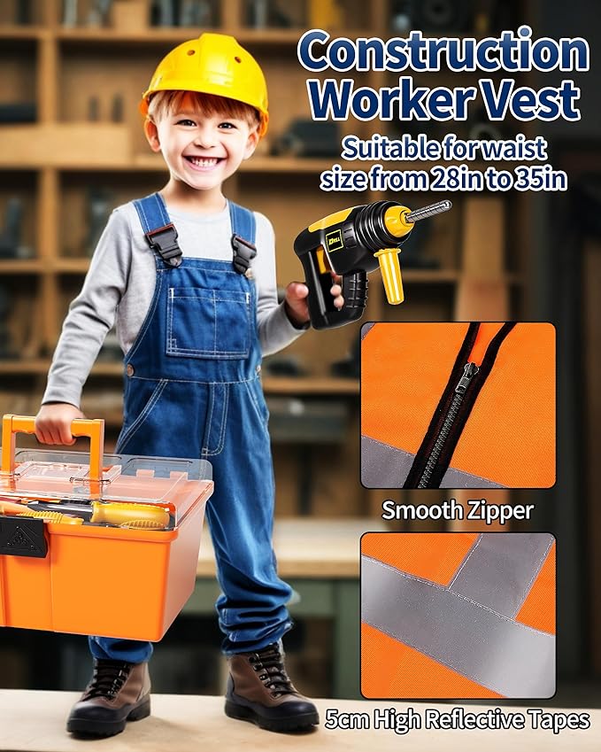 Deejoy 54Pcs Large Kids Tool Set with Electric Saw & Electronic Toy Drill, Pretend Play Kids Construction Set for Toddler 3-5 Years Old, Toddler Boy Toys-Orange