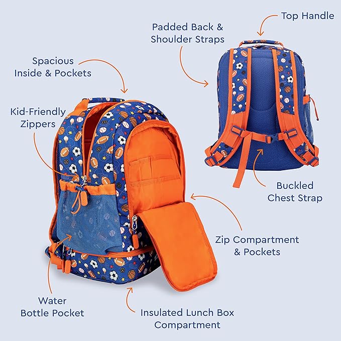 Bentgo Kids 2-in-1 Backpack & Insulated Lunch Bag - Durable 16” Backpack & Lunch Container in Unique Prints for School & Travel - Water Resistant, Padded & Large Compartments (Sports)