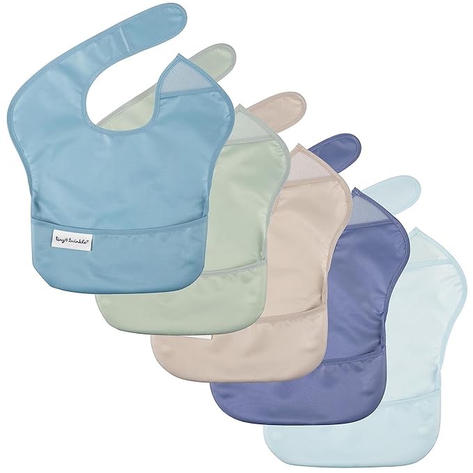 Tiny Twinkle Mess Proof Baby Bibs for Eating - Waterproof, Wipeable Bibs - Toddler Bibs - Travel Friendly - PFAS, PVC, BPA, Phthalate Free - Baby Food Bibs(5 Pack, Boy Spring)