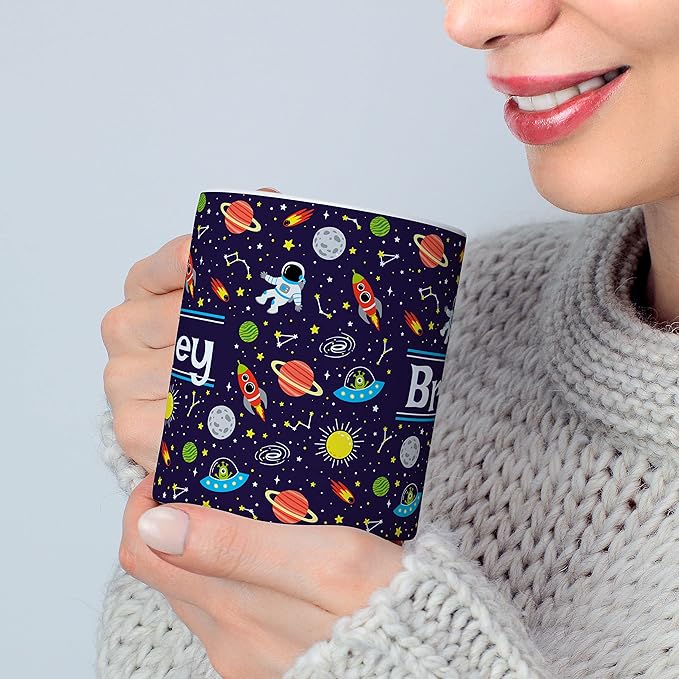 Personalized Mug for Kids - Outer Space - Custom Name/Text, Ceramic Hot Chocolate/Cocoa/Coffee Cup for Boys/Girls, Birthday/Christmas/Holiday Gift - 15 oz, Black Handle